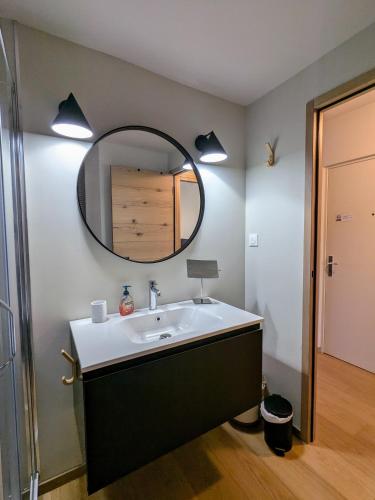 une salle de bain avec un lavabo et un miroir dans l'établissement Le sublime, à Le Coteau