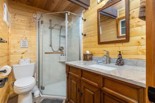 a bathroom with a shower and a toilet and a sink at Wonderland Chateau in Packwood