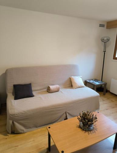 un salon avec un canapé et une table dans l'établissement Charmant studio à St Martin Vésubie au calme, à Saint-Martin-Vésubie