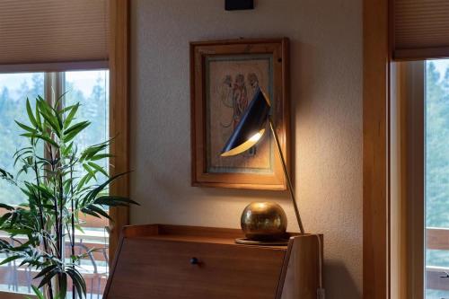 a lamp on a dresser in a room with a plant at Ravenwood in Packwood