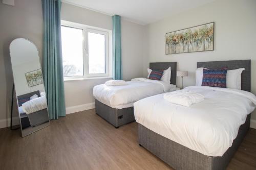 a bedroom with two beds and a mirror at The Maltings in Portlaoise
