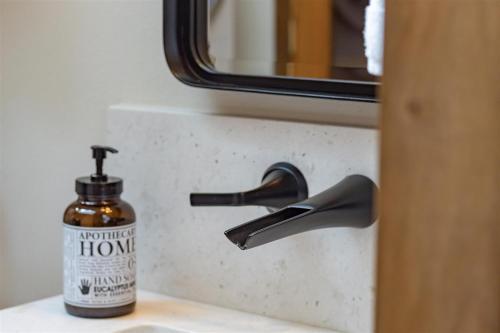 a bottle of hand soap sitting next to a sink at The Alpenhaus in Packwood