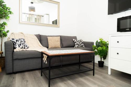un salon avec un canapé et une table basse dans l'établissement Charment studio stade de France 18 pour 4 personnes, à Saint-Denis