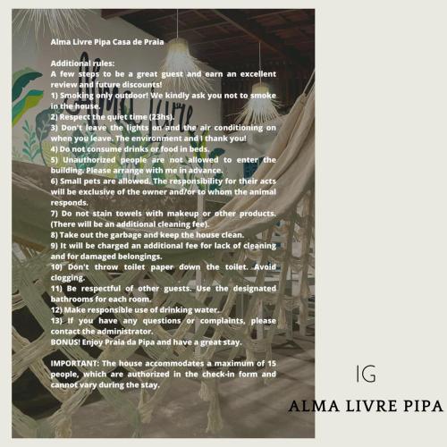 a poster for an event with white text at Alma Livre - Quartos No Centro de Pipa - in Pipa