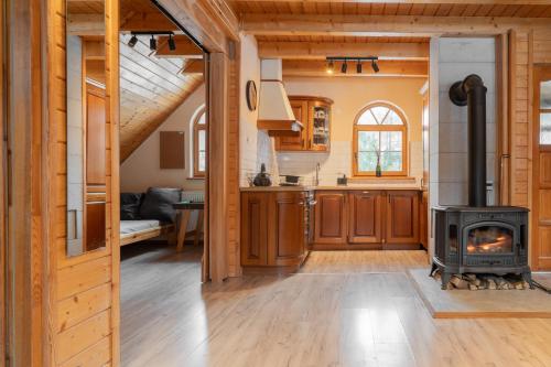a kitchen and living room with a wood stove at Forest Camp Dom w Górach Sowich in Michałkowa