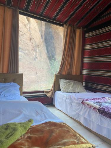 Dos camas en una habitación con ventana. en Fig Tree Eco Camp, en Disah