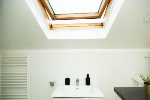 La salle de bains est pourvue d'une lucarne et d'un lavabo. dans l'établissement Studio Stade de France 26 pour 2 personnes, à Saint-Denis