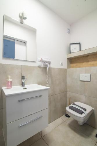 a bathroom with a white sink and a toilet at Studio I Pokoje I Pokoje z łazienkami in Gdańsk