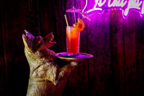 a person holding up a drink in their hand at Lake Mahinapua Hotel in Ruatapu