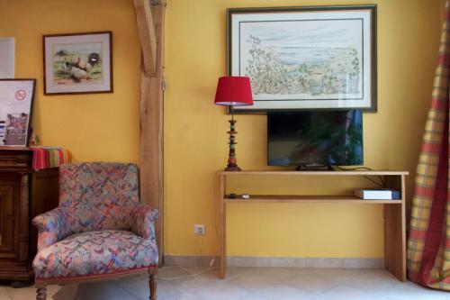 a living room with a chair and a television at Au Fond du Jardin Maison d'hôtes in Saint-Saëns