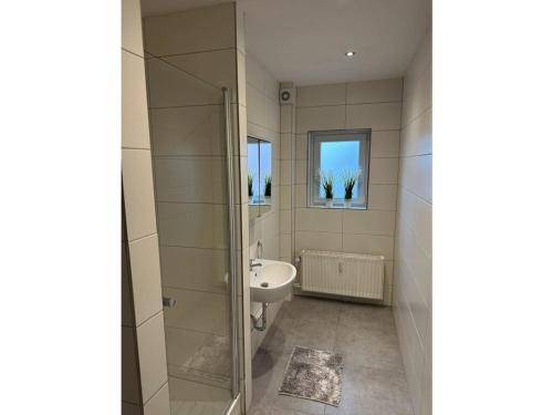 a bathroom with a sink and a glass shower stall at Gießler Comfortable holiday residence in Bremerhaven