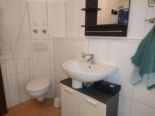 Un baño con lavabo e inodoro en De Böhn Comfortable holiday residence, en Travemünde