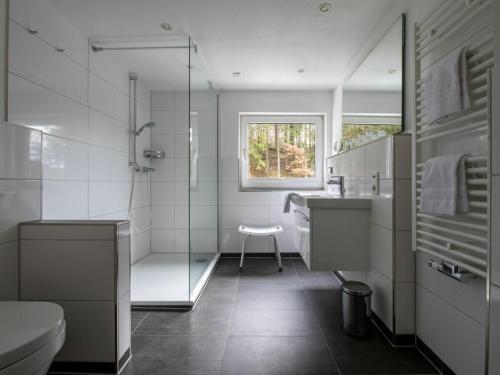 a bathroom with a shower and a sink and a toilet at Panorama Modern retreat in Eslohe