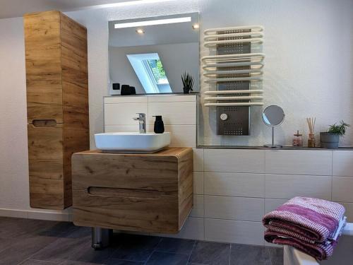 a bathroom with a sink and a mirror at Old Forge Modern Retreat in Scharfenstein