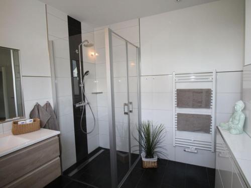 un bagno con doccia in vetro e pianta di Haus Seeblick Modern retreat a Göhren-Lebbin
