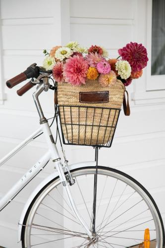 a bicycle with a basket filled with flowers at Narraweema Guesthouse - Historic Luxury BnB Retreat in Gloucester