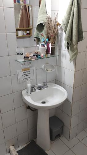 a bathroom with a white sink and a mirror at Habitación en casa de familia in San Carlos de Bariloche