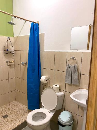 a bathroom with a toilet and a blue shower curtain at Hostal El Amate #3 in Suchitoto