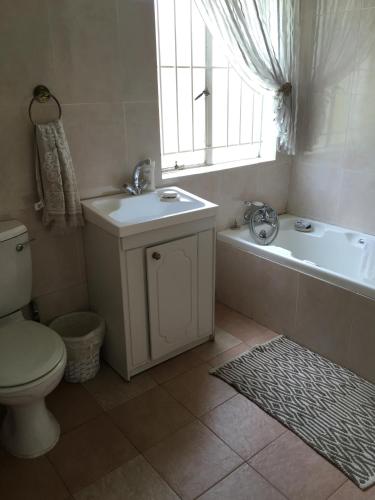 a bathroom with a toilet and a sink and a tub at Danica's in Denysville