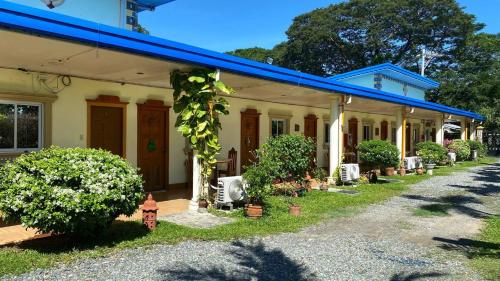 a house with a blue roof and some bushes at Binalonan Transient/GUESTHOUSE (PENSION GLAYDIE) in Binalonan