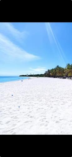 a sandy beach with a kite flying in the sky at Manolo IV,playa y relajacion in Tucacas