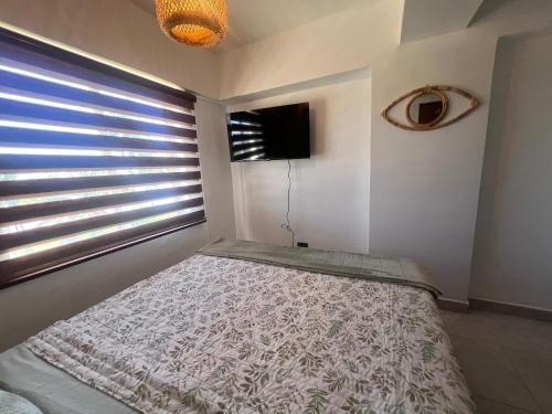 a bedroom with a bed and a tv and a window at Manolo IV,playa y relajacion in Tucacas