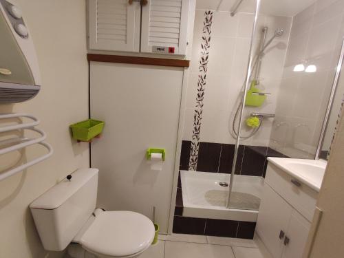 une salle de bain avec toilettes, douche et lavabo dans l'établissement Appartement 3 pièces pour 4 avec piscine, terrasse et parking privé à 400m de la plage à Argelès-sur-Mer - FR-1-776-21, à Argelès-sur-Mer
