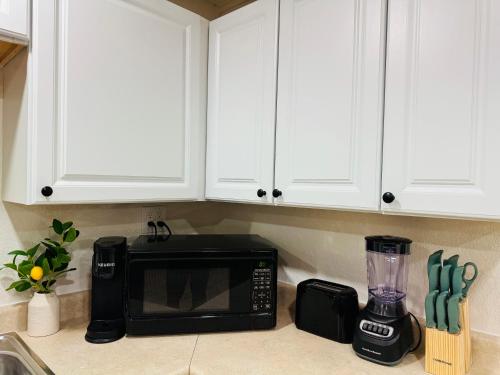 a kitchen counter with a microwave and a blender at Contemporary Studio Near Mojave Aerospace Airport in Mojave