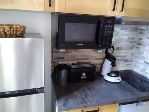 La cuisine est équipée d'un four micro-ondes et d'un réfrigérateur. dans l'établissement Gruissan - Studio rénové climatisé 2/3 pers, parking sécurisé, à 50m de la plage du Grazel - FR-1-796-16, à Gruissan