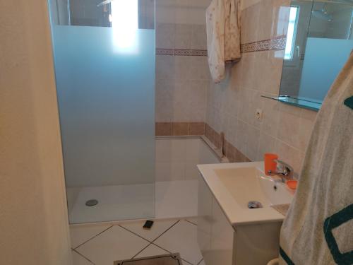 une salle de bain avec douche et lavabo dans l'établissement Gruissan - Villa T4 - Clim, WiFi, Parking, Plage 50m - 6 pers - FR-1-796-55, à Gruissan
