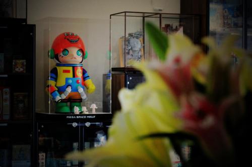 a toy in a glass case next to a figurine at Fuxian Lake Qishe B&B in Chengjiang