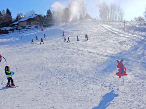 a group of people skiing down a snow covered slope at Sport-hotel Šibeniční vrch in Mnichovice