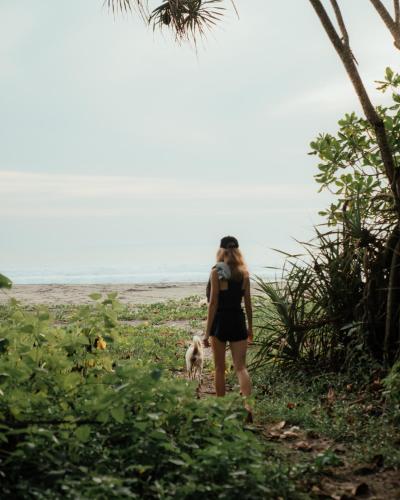 a woman walking a dog on the beach at Desa Cabins in Balian
