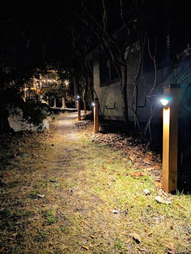 a row of lights in a yard at night at 4 Mile Creek Cabin (Creekside) in Nelson