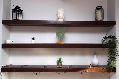 a shelf with potted plants and a statue on it at Central Cardiff Victorian Town House Free parking in Cardiff