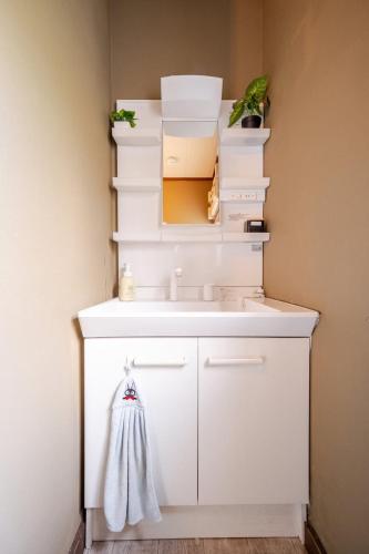 a bathroom with a sink and a stack of books at 【芦ノ湖徒歩10分＆バス停1分】一棟貸切最大14人 大人數BBQ可能 パーティ 『ROUTE99』 in Moto-hakone