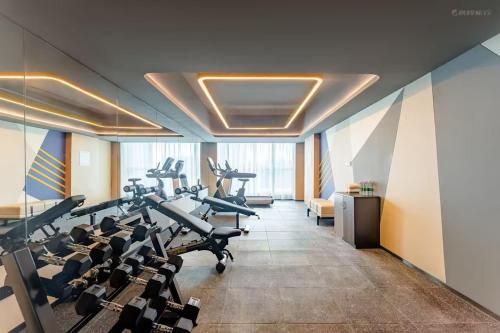 a gym with treadmills and machines in a room at Holiday Inn Express Hangzhou Qianjiang CenturyCity by IHG in Hangzhou