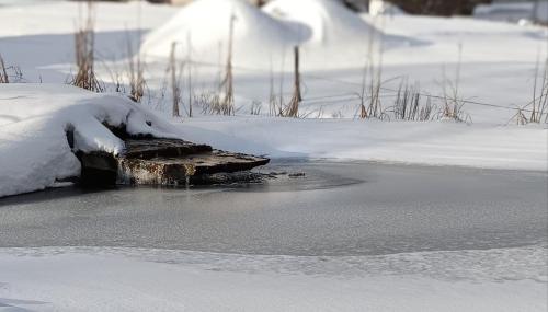 a patch of snow next to a body of water at Domek Veron in Wysowa-Zdrój