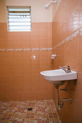 a bathroom with a sink and a window at Michael's Native Homestay in Maricaban