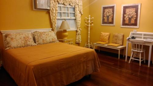 a bedroom with a bed and a desk and a sink at Pousada Quinta dos Pássaros Itaipava in Itaipava