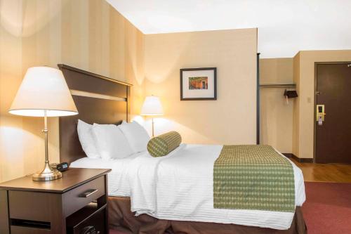 a hotel room with a bed and a lamp at Quality Inn and Conference Centre in Pembroke
