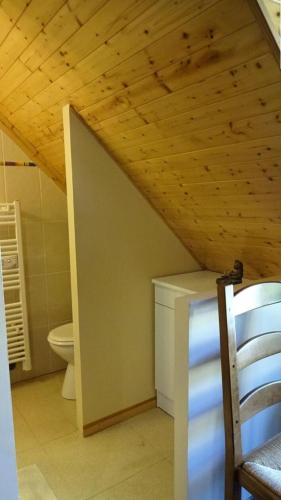 La salle de bains est pourvue de toilettes et d'un plafond en bois. dans l'établissement Résidence Maison Ancizan-ancizan - Maison ANCIZAN 10 personnes avec vue imprenable sur les montagnes MAE-2664, à Ancizan
