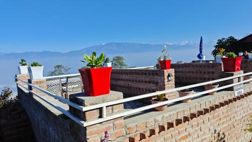 a row of potted plants on a brick wall at Hotel Mystic Kakani in Kakani