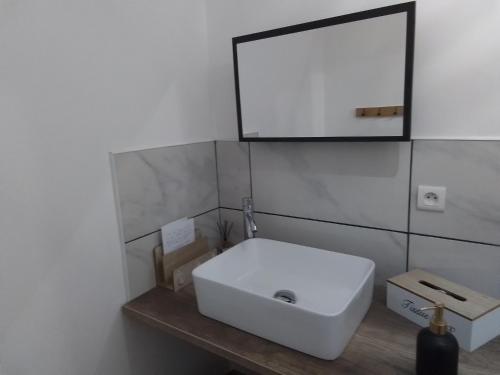 une salle de bain avec un lavabo blanc et un miroir dans l'établissement Special 24H du MANS, à Mayet