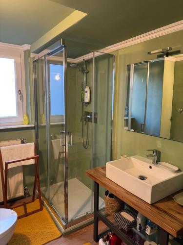 a bathroom with a sink and a shower at Casa Nina Carignano in Genoa