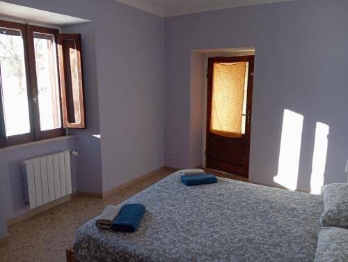a bedroom with a bed with blue pillows on it at Famiglia nel vento in Caramanico Terme
