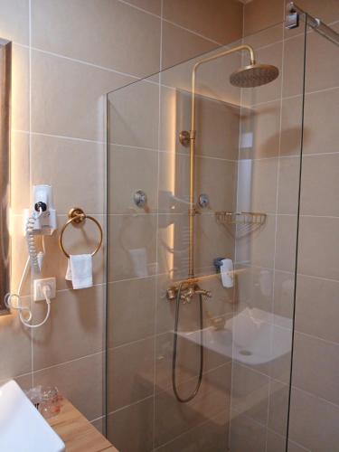 a shower with a glass door in a bathroom at Provence rooms in Banja Luka