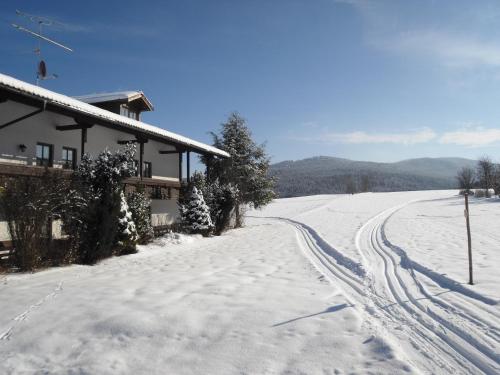 a snow covered road next to a ski lodge at Gasthof-Pension-Kraus in Achslach