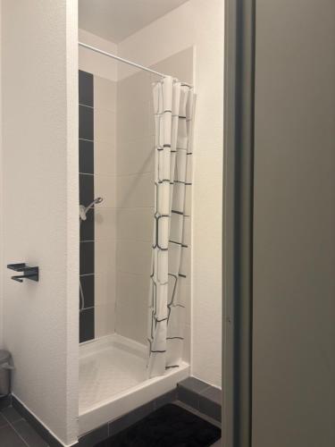 une douche avec une porte vitrée dans une salle de bain dans l'établissement Appartement T2 Parking, à Marseille