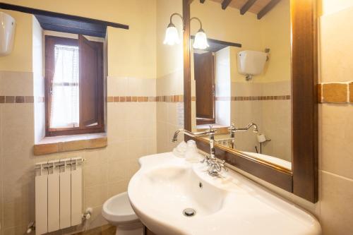 a bathroom with a sink and a mirror and a toilet at Casale delle Lucrezie by VacaVilla in Due Santi